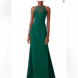 $635  Badgley Mischka Women's Dress Green Size 2  Gown Floral Lace Crepe Halter